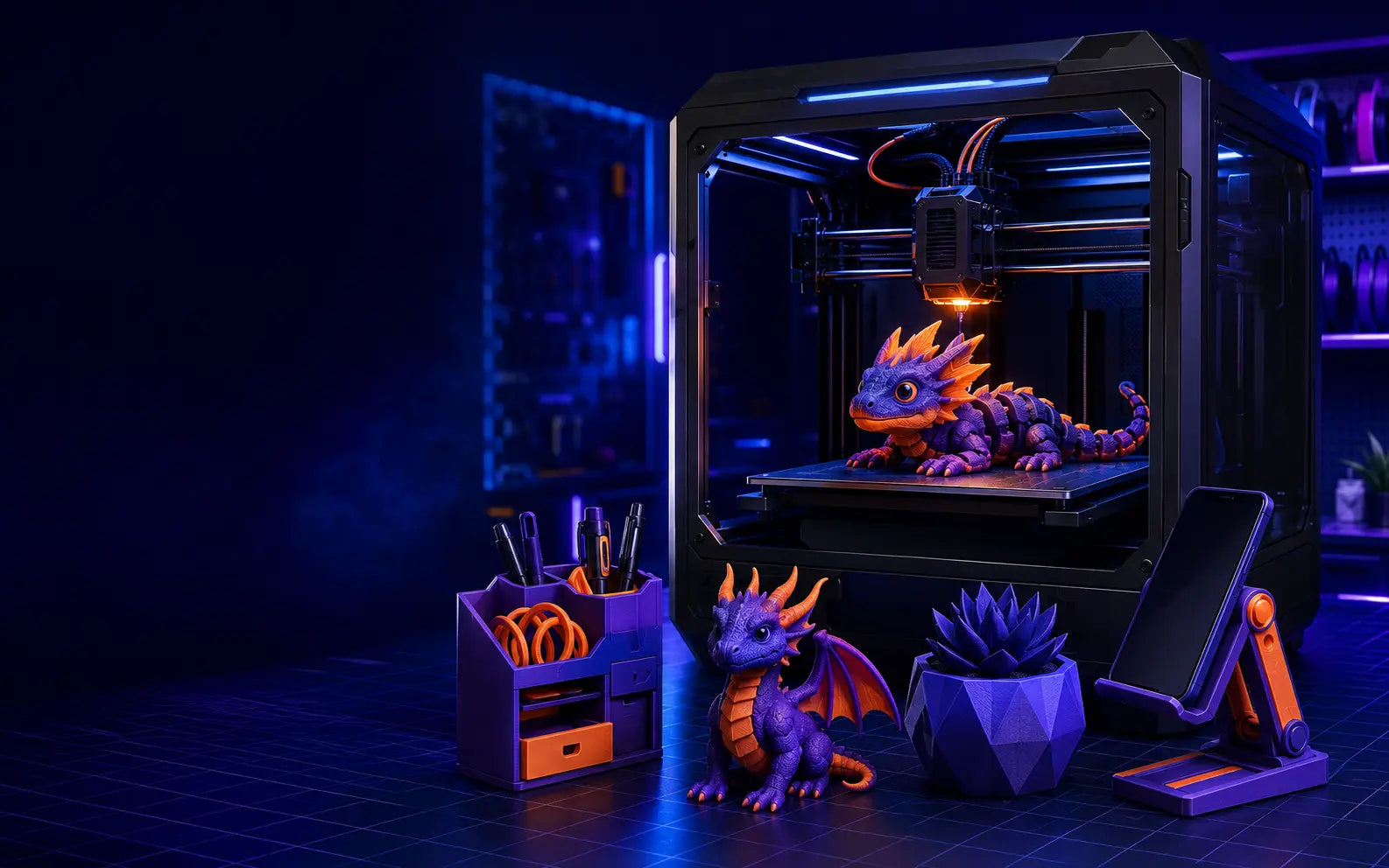 Colorful 3D printed creations beside a 3D printer