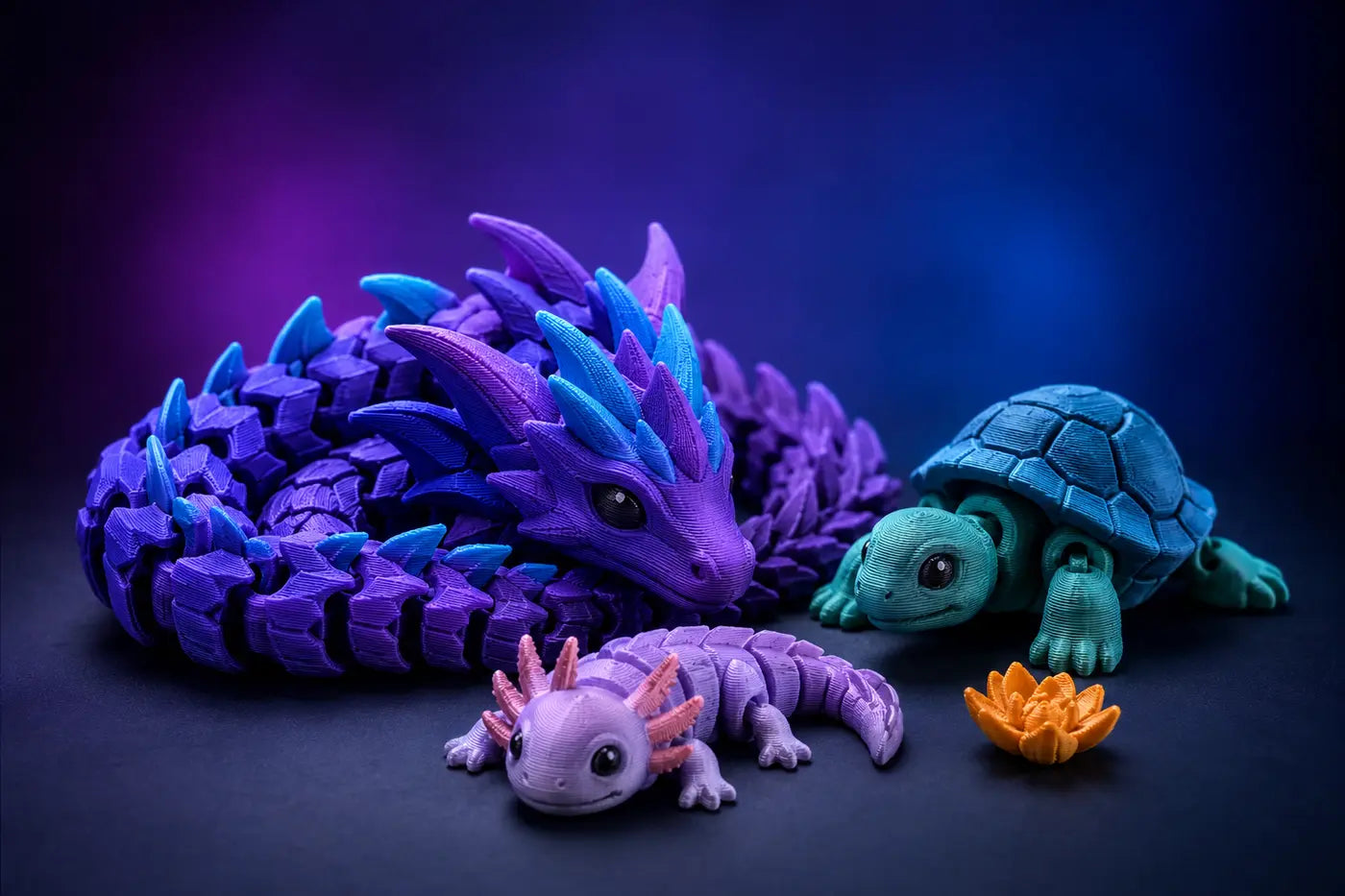 Colorful articulated 3D printed creatures