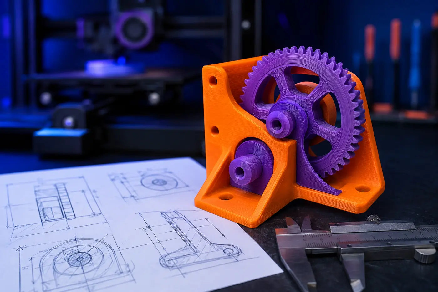 Custom 3D printed mechanical part beside a design sketch